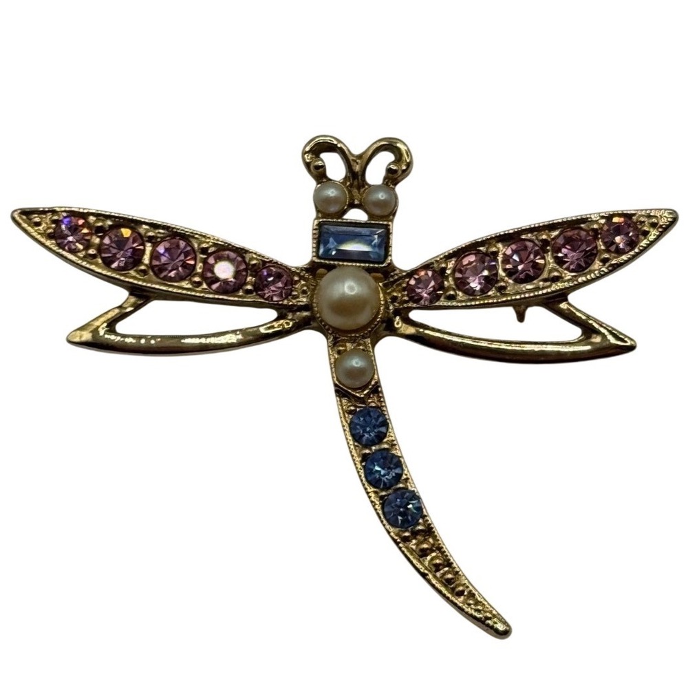 Vintage 1928 Brooch Rhinestone Dragonfly Insect Pin Gold Tone‎